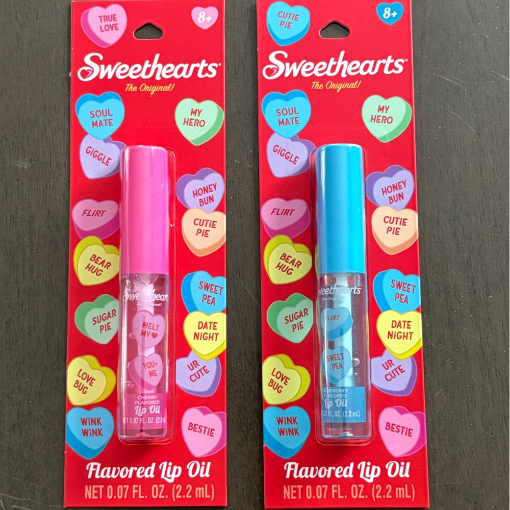 Sweethearts Flavored Lip Oils, themed after the classic "conversation hearts".